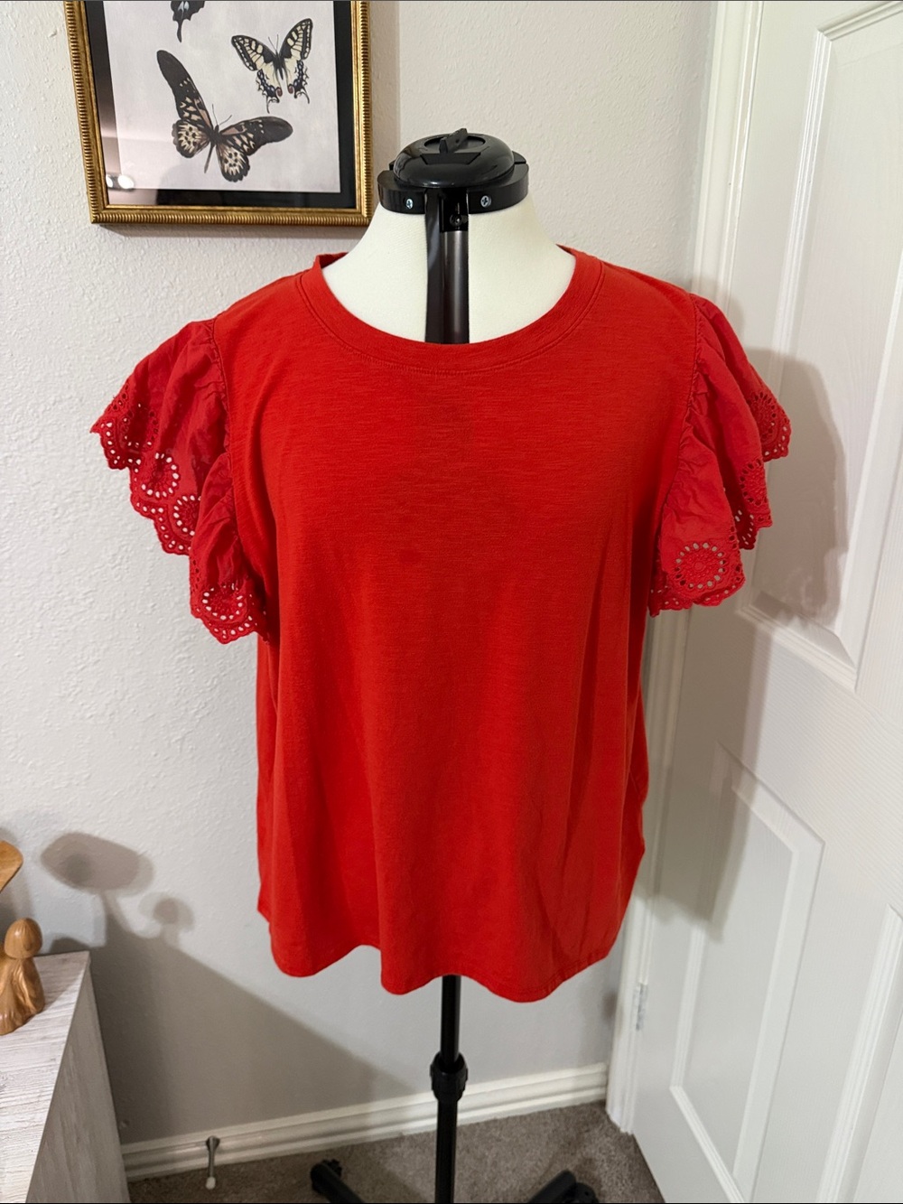 Notations Red Eyelet Flutter Sleeve Tee